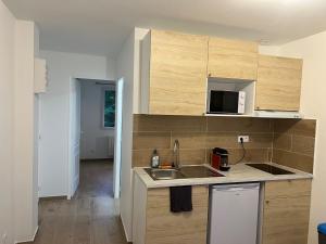 圣但尼Appartement lumineux près métro的厨房配有水槽和微波炉