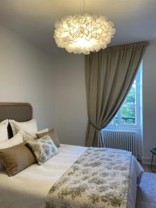保拉扎克Richard Lequet Domaine gastronomique du Val d Atur的一间卧室配有一张大床和一个吊灯。