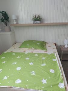 佩奇Kolpingház Pécs的白色调的绿色棉被床