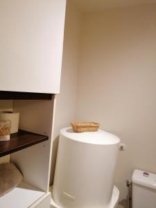 弗兰奎维尔-圣皮尔Superbe studio proche de toutes commodités的浴室设有卫生间,上面有一个篮子