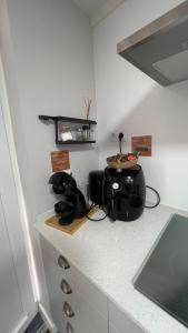 新皮尼亚尔Chalé do Vale的厨房柜台设有水槽和微波炉