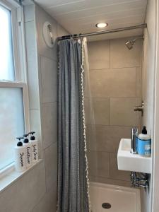 佩里The Mockingbird Tiny Home的浴室配有淋浴帘和盥洗盆。