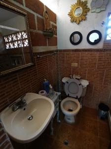 索佩特兰Finca con forma de castillo y piscina en Sopetrán的一间带水槽、卫生间和镜子的浴室