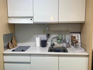 首尔Hongdae Station loft apartment的厨房柜台配有水槽和白色橱柜