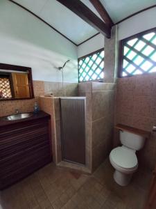 别霍港Pagalù Hostel的浴室配有卫生间、淋浴和盥洗盆。