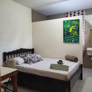 贝尔莫潘热带庄园旅馆的卧室配有一张床,墙上挂有绘画作品