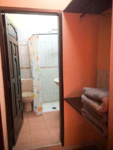 VallegrandeHostal Juanita的浴室设有卫生间和门淋浴。