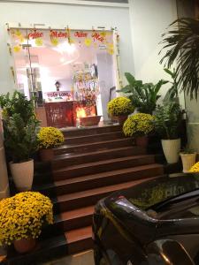 胡志明市Tuan Long Hotel的楼梯上放着一堆盆栽植物的商店