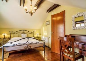 瓦拉日丁Villa Toscana with jacuzzy的一间卧室配有一张床、一张书桌和一个吊灯。