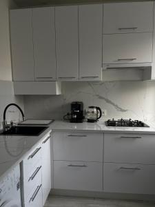 切尔卡瑟Лучшие апартаменты в самом центре города的白色的厨房配有白色橱柜和水槽