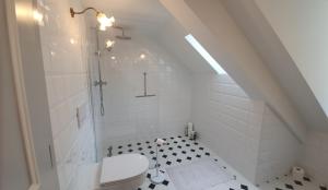 纳沙泰尔Le Faubourg 29的带淋浴和卫生间的白色浴室