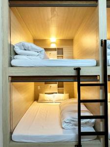 吉婆岛Hoang Phuc Hotel Cat Ba的小型客房设有两张双层床,配有梯子