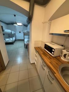 布加勒斯特Piata Uniri Cozy Inn的厨房配有水槽和台面上的微波炉