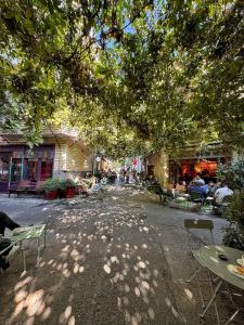 伊斯坦布尔Nomad Hostel Karaköy的树下带桌椅的阴凉街道