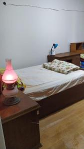 伊斯梅利亚Ismailia - Elnouras compound的一间卧室配有一张带粉红色台灯的床。