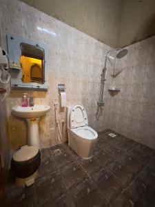 阿尔哈姆拉AL Hamra Heritage Inn的一间带水槽、卫生间和淋浴的浴室