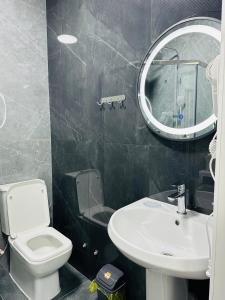 TürkistanKERUEN SARAY APARTMENTS 20/2的一间带卫生间、水槽和镜子的浴室