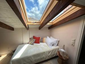 阿拉霍瓦Parnassos Chalets的一间带一张床铺的卧室,位于带天窗的房间内