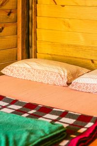 帕拉蒂Camping Atobá Praia do Sono的一张带木制床头板和枕头的床