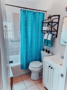 拉斯维加斯*Free Parking near Strip Cozy 2Br home Side: A的浴室设有卫生间和蓝色的浴帘。