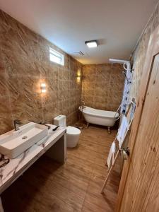 士兆Villa Bari Loft的一间带水槽、浴缸和卫生间的浴室
