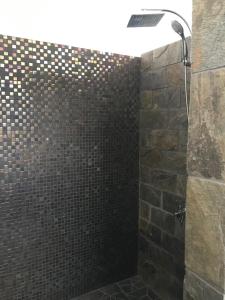 乌图罗阿La Suite Vue Lagon的一间设有砖墙淋浴的浴室