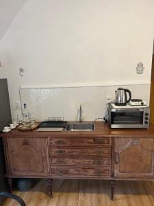 库奇拉阿尔塔Cuchilla Alta domo geodésico的厨房柜台配有微波炉和水槽