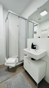 柏林Skyview Studio Apartments at Berlin Kreuzberg-Mitte的白色的浴室设有水槽和淋浴。