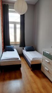 克拉科夫Urban Nest Apartments Krakowska 10的一间卧室设有两张床和窗户。