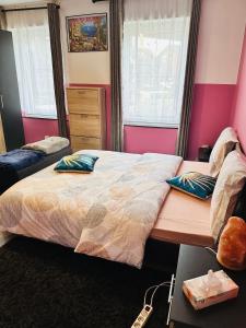 瑟兰Bien-être-Au-calme et parking gratuit的一间卧室配有一张大床和两个枕头