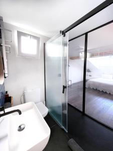 维多利亚-加斯特伊兹Luxury Pintoreria Atico的一间带水槽和淋浴的浴室以及一张床