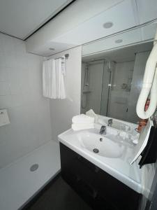 聚特芬聚特芬格雷芬霍夫罕布什尔酒店的一间带水槽、淋浴和镜子的浴室