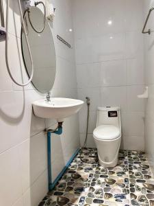 万荣Vang Vieng Global Hostel的一间带水槽和卫生间的浴室