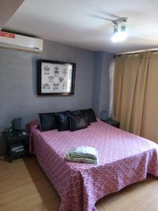 门多萨Departamentos Avenida San Martin的一间卧室配有一张带粉红色床罩的床