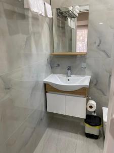 希马拉Persephone的白色的浴室设有水槽和镜子