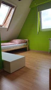 诺德霍恩Private Unterkunft, ruhige Lage in Nordhorn-Klausheide的绿色客房 - 带床和2扇窗户
