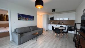布拉迪斯拉发2 room Apartment with terrace, new building, 8BJ的带沙发和桌子的客厅以及厨房。