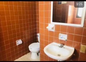 阿卡普尔科Hotel zócalo abuelos的橙色瓷砖浴室设有卫生间和水槽
