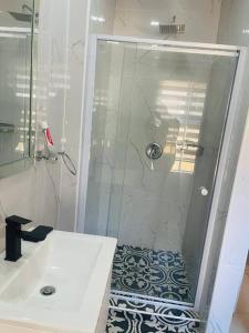 哈博罗内Central Gabs Oasis: 2BR-Retreat的带淋浴和盥洗盆的白色浴室