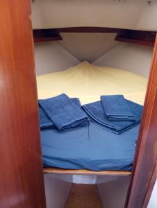 里斯本Lisbon Cosy Boat的双层床的上铺是蓝色毛巾