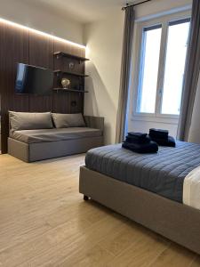 博洛尼亚ALBARI HOUSE的一间卧室配有一张床、一张沙发和一台电视。