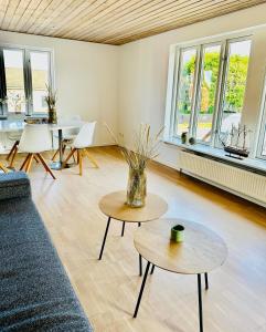 斯卡恩Skøn villalejlighed i Skagen med terrasse og tæt på centrum的客厅配有两张桌子和一张沙发