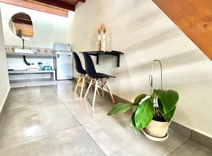 伊利亚贝拉Barlavento Villas的厨房配有桌子和盆栽植物