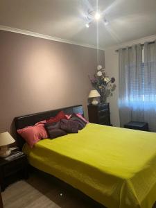 波瓦圣塔伊里亚Apartamento com boa localização e Conforto的一间卧室配有黄色的床和枕头