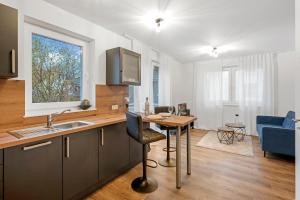 奥尔登堡Nadorst Residenz的厨房以及带桌子和水槽的客厅。