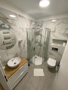 米卢夫卡米莱纳酒店的带淋浴、盥洗盆和卫生间的浴室