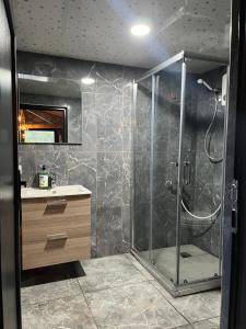 KumlucaOlympos Ceratonia Dağ evi的带淋浴、水槽和镜子的浴室