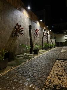 爱妮岛Bulul Garden Resort的墙上有盆栽植物的石头人行道