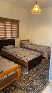 Al KhuraybahWadi Al-Nakhil Hostel的带三张床和吊灯的客房