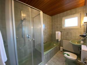 厄姆河畔的德廷根Vali‘s Apartment One的带淋浴、浴缸和盥洗盆的浴室